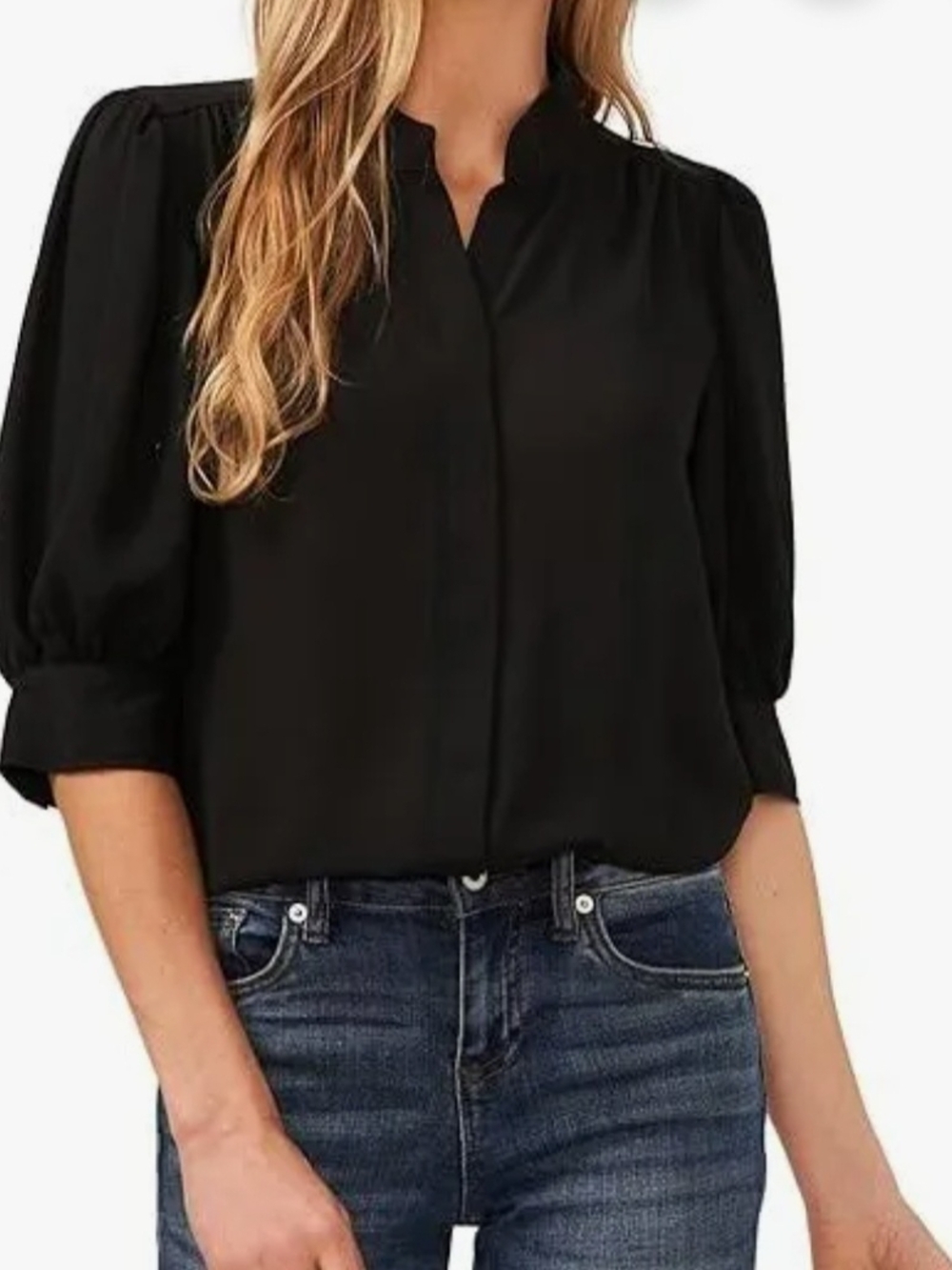 CeCe Black Notch-Neck Coastal Sunrise Puff Sleeve Blouse XL